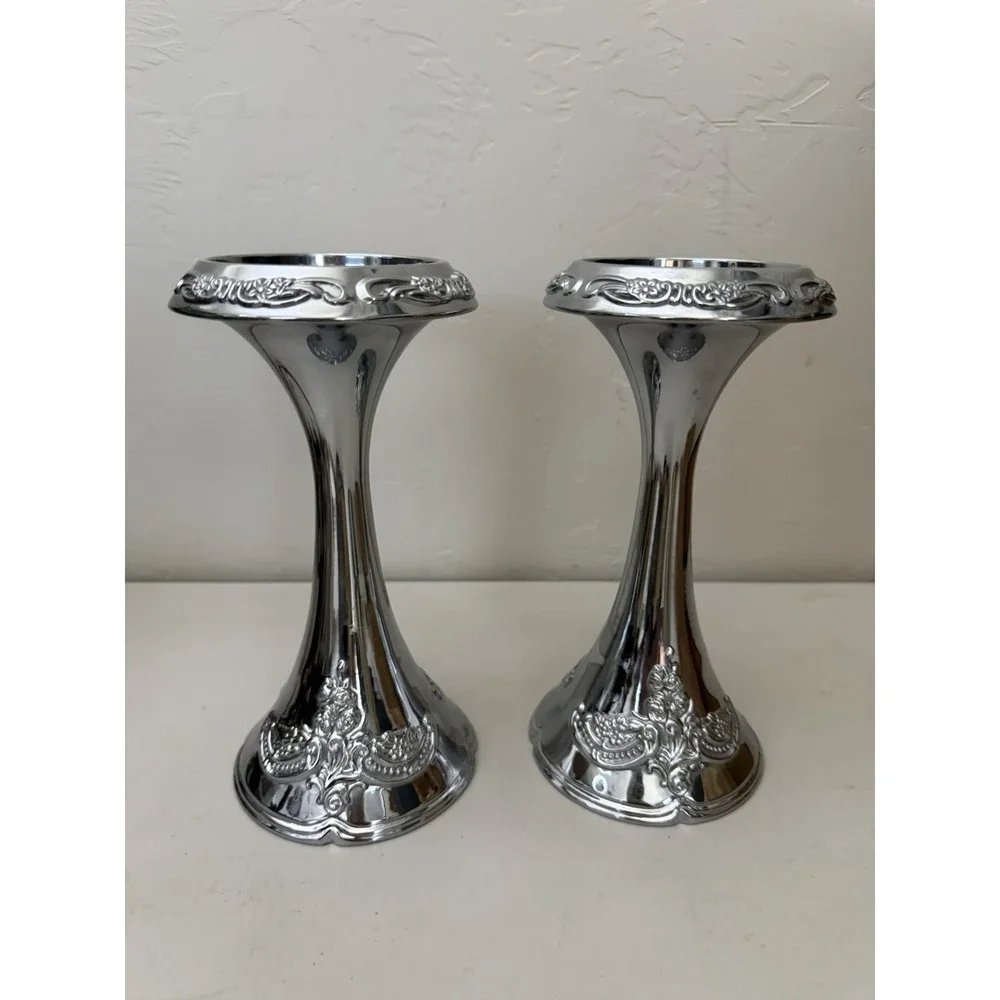 Vintage Baroque Style Cast Aluminum‎ Pillar Taper Embossed Candlesticks Pair